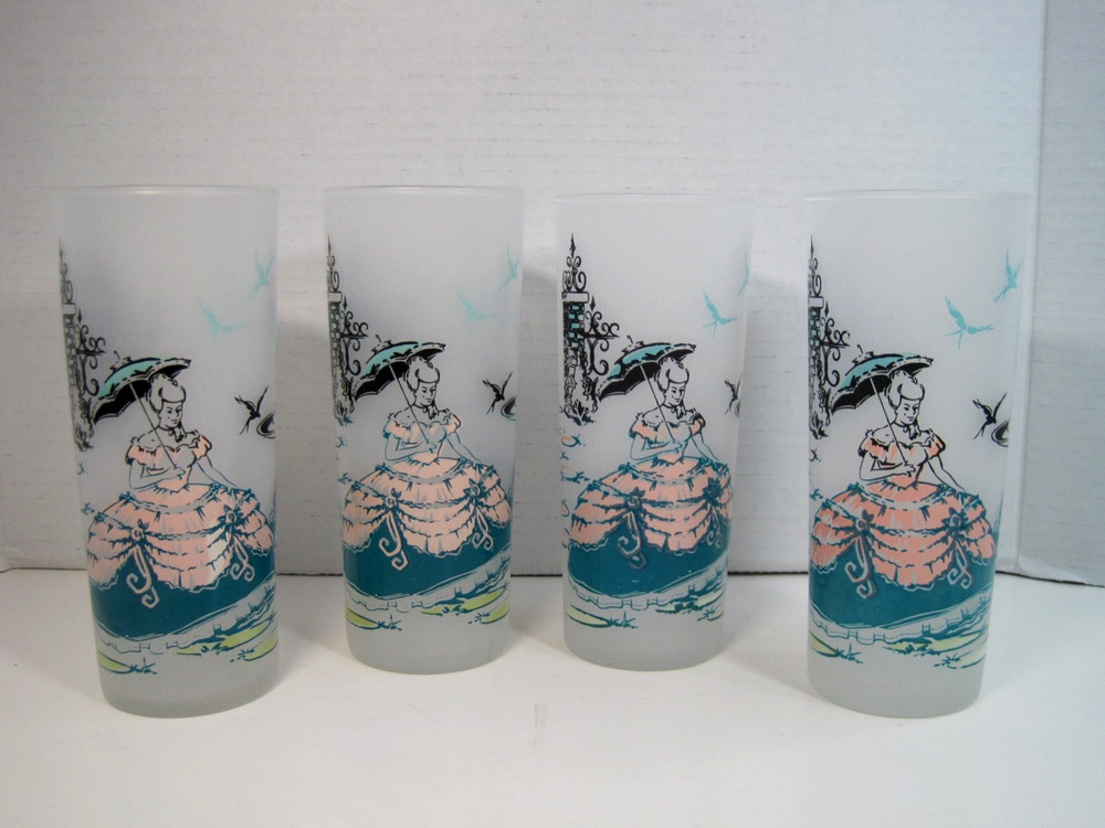 Set Of 4 Vintage Anchor Hocking Tom Collins Frosted Tumblers Southern Belle 6.5″