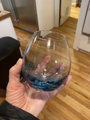 Pier 1 Teal Stemless Crackle Bottom Wine Glasses Set Of 2 16 oz EUC Retired