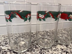 Vintage Libbey Christmas Tumblers featuring a Festive Holly And Ribbon Motif