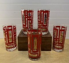Jeannette Glass Set Of 4 MCM Red Atomic Starburst Highball Flat Tumbler Vintage