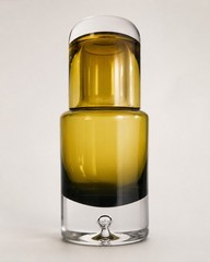 Krosno Poland Olive Amber Art Glass Decanter Tumbler Set Controlled Bubble