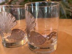 3 Double Old Fashioned Lowball Whiskey Glasses Embossed Gold Seashell Starfish