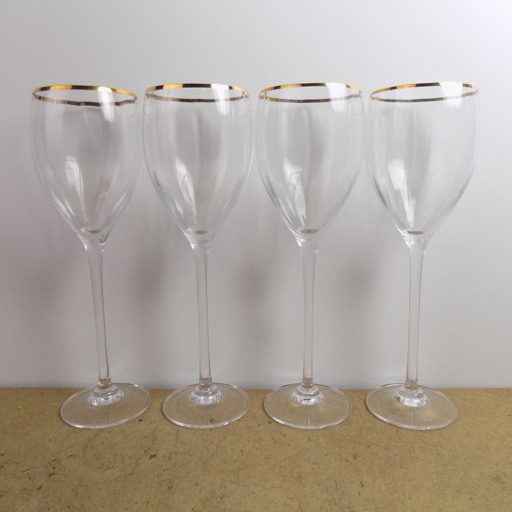 4 Cristal d’Arques Durand Clarisse Gold 9.5″ Water Goblets Glasses Rib Optic