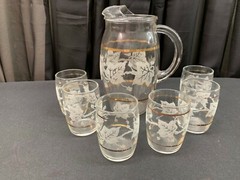 Glass Juice Pitcher Set ~ White Embossed Leaf / Gold ~ (6) Juice Glasses ~ 3″
