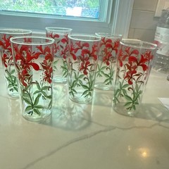 VTG Clear Glass Tumblers With Red, and Green floral leaves set of 7, 16 0z.