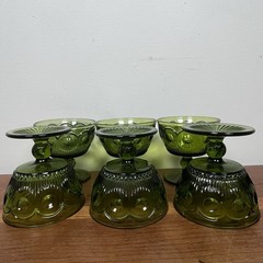 Vintage Bartlett-collins Bullseye Cane Avacado Green Glass Low Sherbet 6 Pc Set
