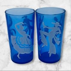 Hazel Atlas VTG MCM Set-4 Cobalt Tumblers Glasses Spanish Flamenco Dancers Blue
