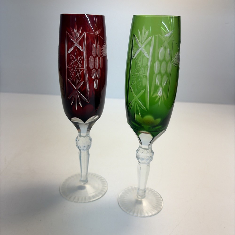 Vintage Ajka Cut to Clear 24% Lead Crystal Champagne Flutes Ruby Red Green Pair