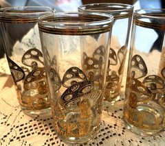 Culver MCM 22K Gold Applied Mushroom Highball Glasses Set of 6 Signed Vintage