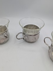 Vtg Borosilicate Glass Cup Set (3) W/ Swirled Metal Base Jenaer Glas Otto Schott