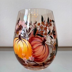 Hand Painted Fall Pumpkin Stemless Wine Glasses Set of 2 Chic Barware NEW