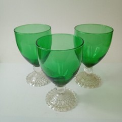 3 Anchor Hocking Forest Green Bubble Base 5 1/4″ Glasses Goblets 10oz #E336