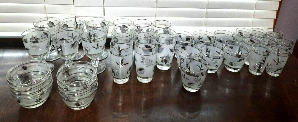 Libbey Safe Edge Silver Foliage 37 Piece Set of GLASSES AND BOWLS