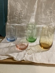 Lot of 4 Vintage Mid Century Roly Poly? Glasses 5″ tall Blue, Pink, Green, Amber