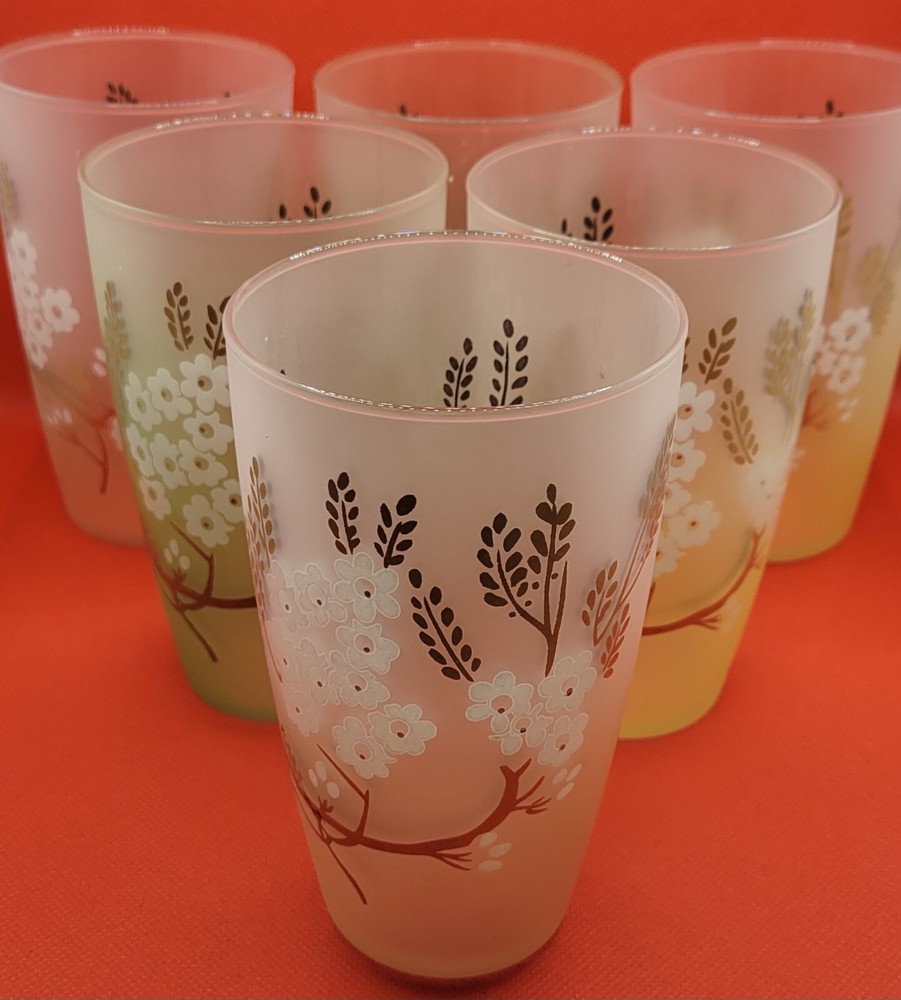 Vintage 1960s Set of 6 Libby Dogwood Frosted Glasses Painted Tumblers 5.5″ Tall