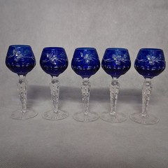 Lausitzer Cobalt Blue Cut Clear Stemmed Cordial Glasses 5 Grapes Leaves LA5 5.25