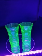 Uranium Glass Tumblers Set 2 Etched Flowers Vaseline UV Reactive Glows 5”
