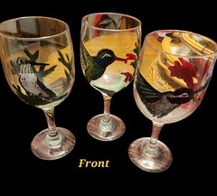 3 Hand Painted Hummingbirds On 8″ Clear Wine Glasses. Beautiful! See Description