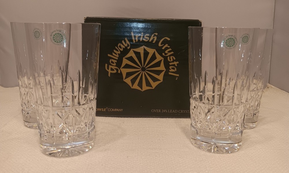 Galway Irish Lead Crystal Burren NOS set 4 Highball Tumblers EX!