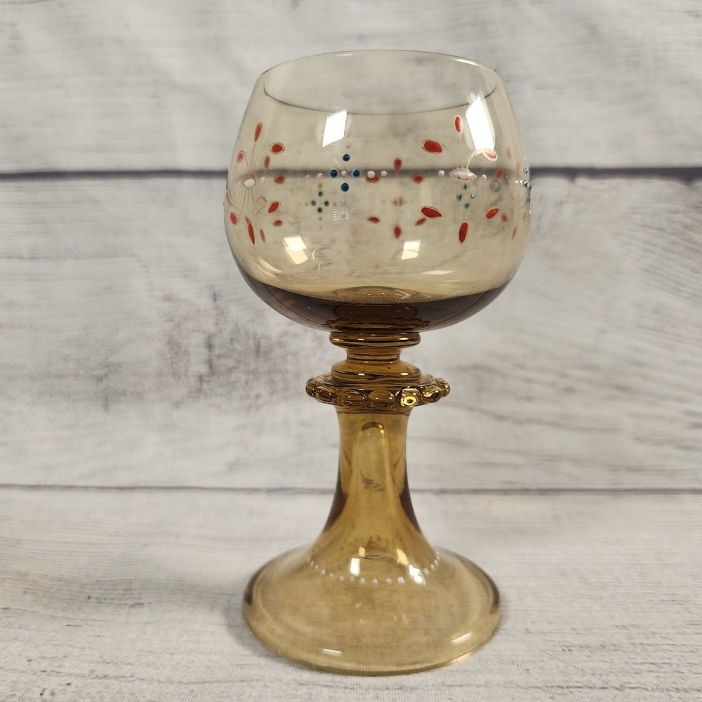 Vintage Bohemian Amber Glass Roemer Wine Goblet Hand Enameled Prunts 4.75″