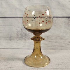 Vintage Bohemian Amber Glass Roemer Wine Goblet Hand Enameled Prunts 4.75″