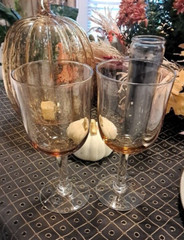 Set Of 2 Mid Century Modern Amber Wine Glasses Clear Stems 7.5 Inches Tall