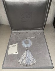 Vintage Lalique Iridescent Crystal Plume Circle Necklace w/Silk Tassel Cord Ex