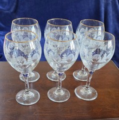 Set of 6 Crystal Wine Glasses/Goblets w/ Snowy Winter Scene & Gold Rim Christmas
