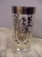 Beverage Glasses 5 Total Retro Silver Rim and Imprint Coat of Arms Vintage Used