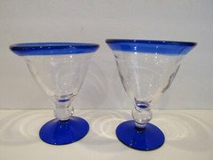 Martini – Margarita Set of 2 Glasses Clear – Cobalt Blue Band on Top 5″-5.25″