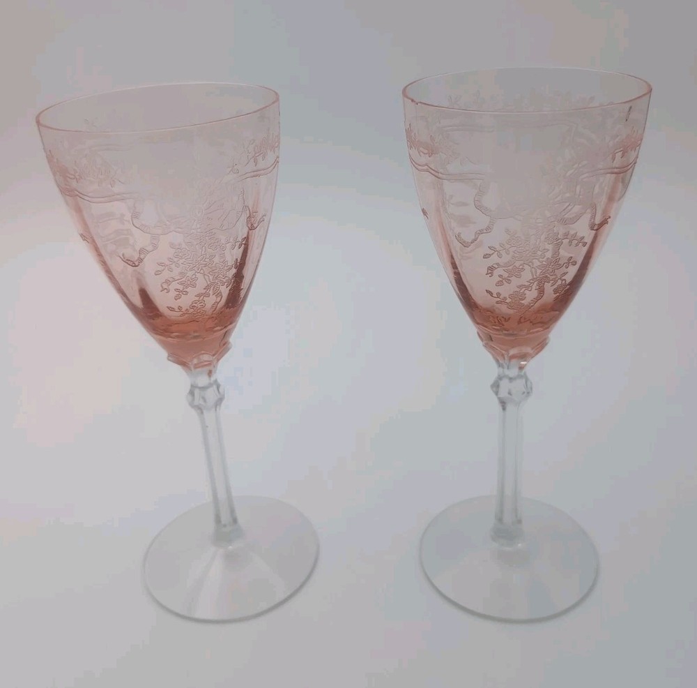 As-Is Fostoria June Pink Etched Water Goblets CHIPPED Pair