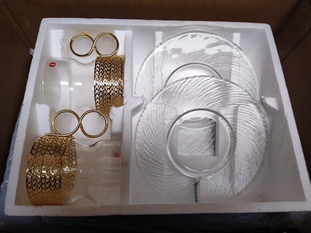 Vintage Finnish Tsaikka Tea Coffee Set Gold by Timo Sarpaneva 2 Cups & saucers