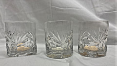 3 Crystal Etched Whiskey Glasses with Thumb Print Diff. Weights. SEE Photos.