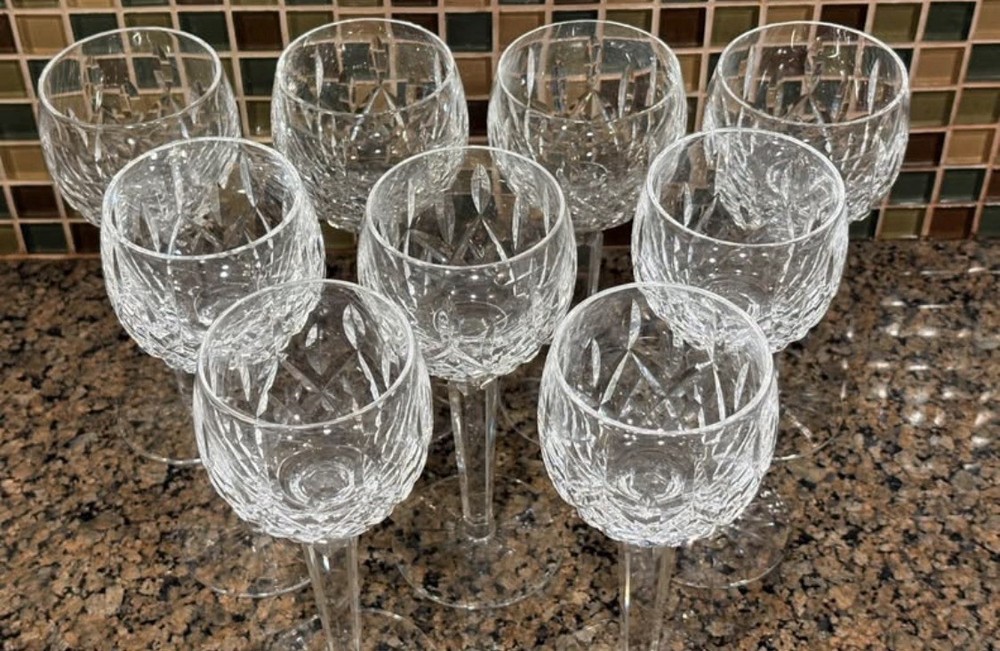 NINE (9), New WATERFORD Crystal LISMORE Wine Hock Glasses 7 1/2″ Ireland Irish