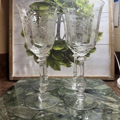 Vintage Heisey Orchid Crystal Wine Glasses Set of 4 Etched Floral Stemware 8.25”