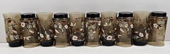 10) Yvette Perrin Dogwood Tumblers Set Vintage Smoke Brown Bird Floral Retro Lot