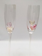 Set/2 Ion Tamaian Pink Hearts Valentines Champagne Flutes Art Glasses Hand Blown