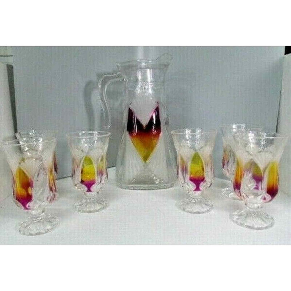 Art Deco Vintage Pitcher and 6 Juice Cordial Glasses Set Ombre Frosted Clear