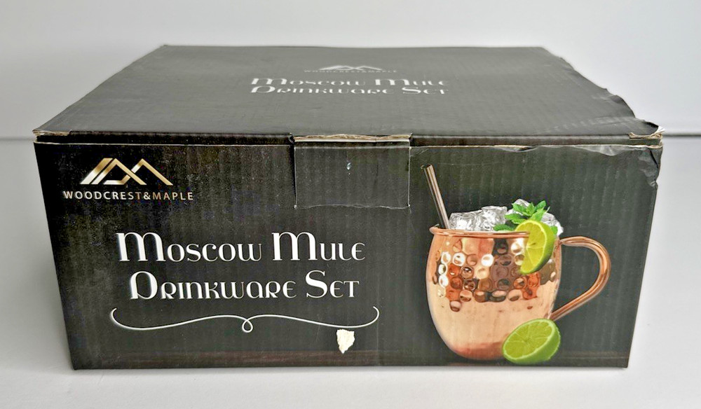 WOODCREST & MAPLE Hammered Copper Moscow Mule Mugs 4 mugs Shot glass and Straws