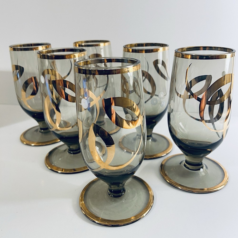 6 Vintage MCM Smoked Grey Cordial Glasses Gold Trim Mid Century Barware Set 4″