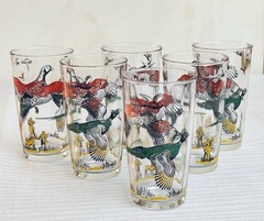 Vintage Hazel Atlas Pheasant Hunting Bar Glasses Set of 6 MCM Barware