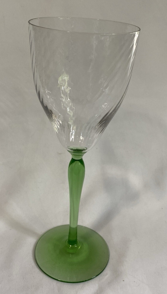 Depression Optic Swirl Green Stemmed 9″ Water Wine Glass Goblet Uranium Vaseline
