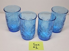Set Of 4 Spring Song Daisy Anchor Hocking Aqua Blue 3 3/4″ Juice Glasses Set #1