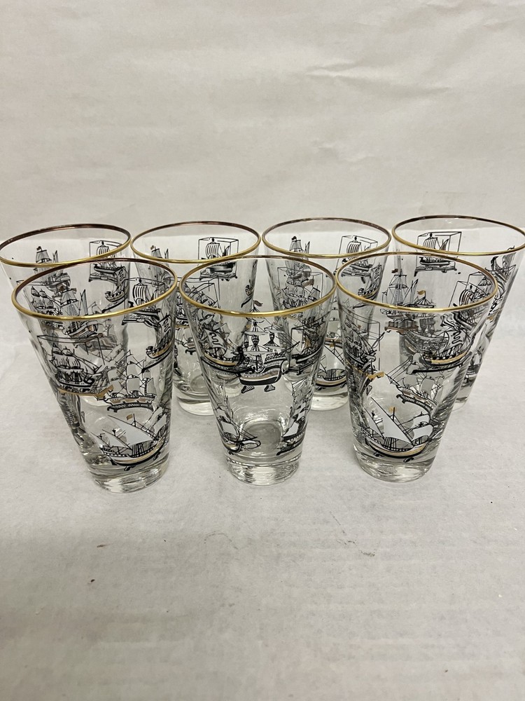 Vintage Libbey Clipper Sailing Ships Tumbler Glasses Gold Trim