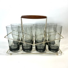 Vtg Federal Glass 9 pc Brass Caddy Beverage Set 8-12oz Smokey Grey Glasses MCM