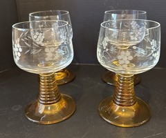 Roemer Amber Wine Glasses Etched Grapevines Beehive Stems 4.5″ Tall Set Of 4