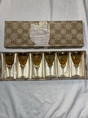 Vtg MCM Amber Glass Venetian 24k Gold Cordial Glasses In Original Box