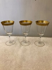 CRYSTAL goblets, set of 3, Gold rims 7 1/2″ vintage optic see provenance