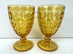 Vintage Amber Glass Bullseye Rectangle Star Cut Footed Goblets 5 1/2″ Set of 2