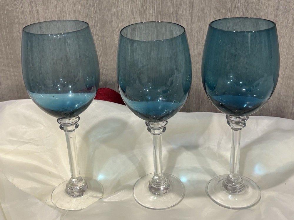 Three (3) Blue Clear Stemmed 9 1/4” Wine Water Goblets Glasses